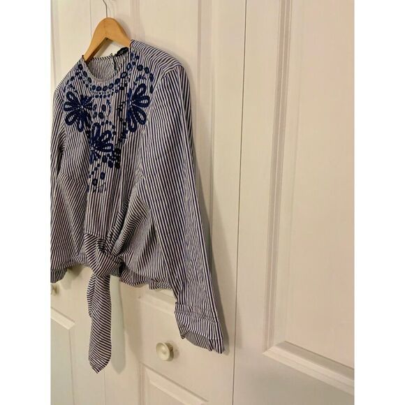 Zara Navy Blue Stripe Embroidered Tie Front Long Sleeve Top XS - Picture 5 of 10